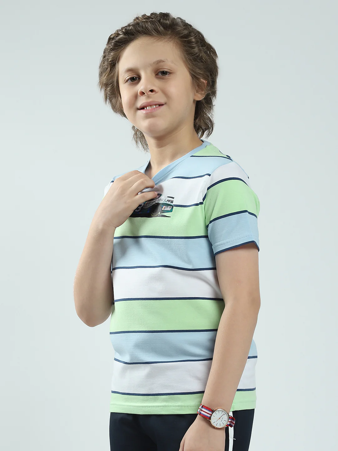 Boys Blue Stripe Round Neck Half Sleeve T-Shirt - Image 3