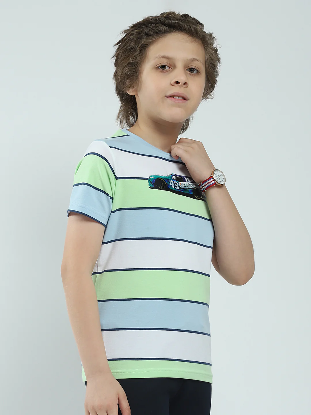 Boys Blue Stripe Round Neck Half Sleeve T-Shirt - Image 4