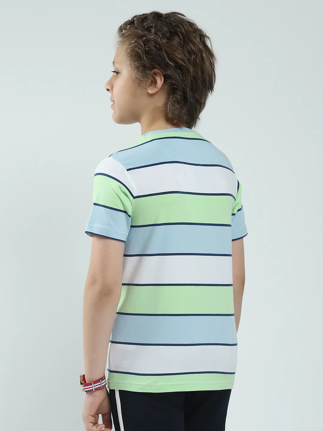 Boys Blue Stripe Round Neck Half Sleeve T-Shirt - Image 5