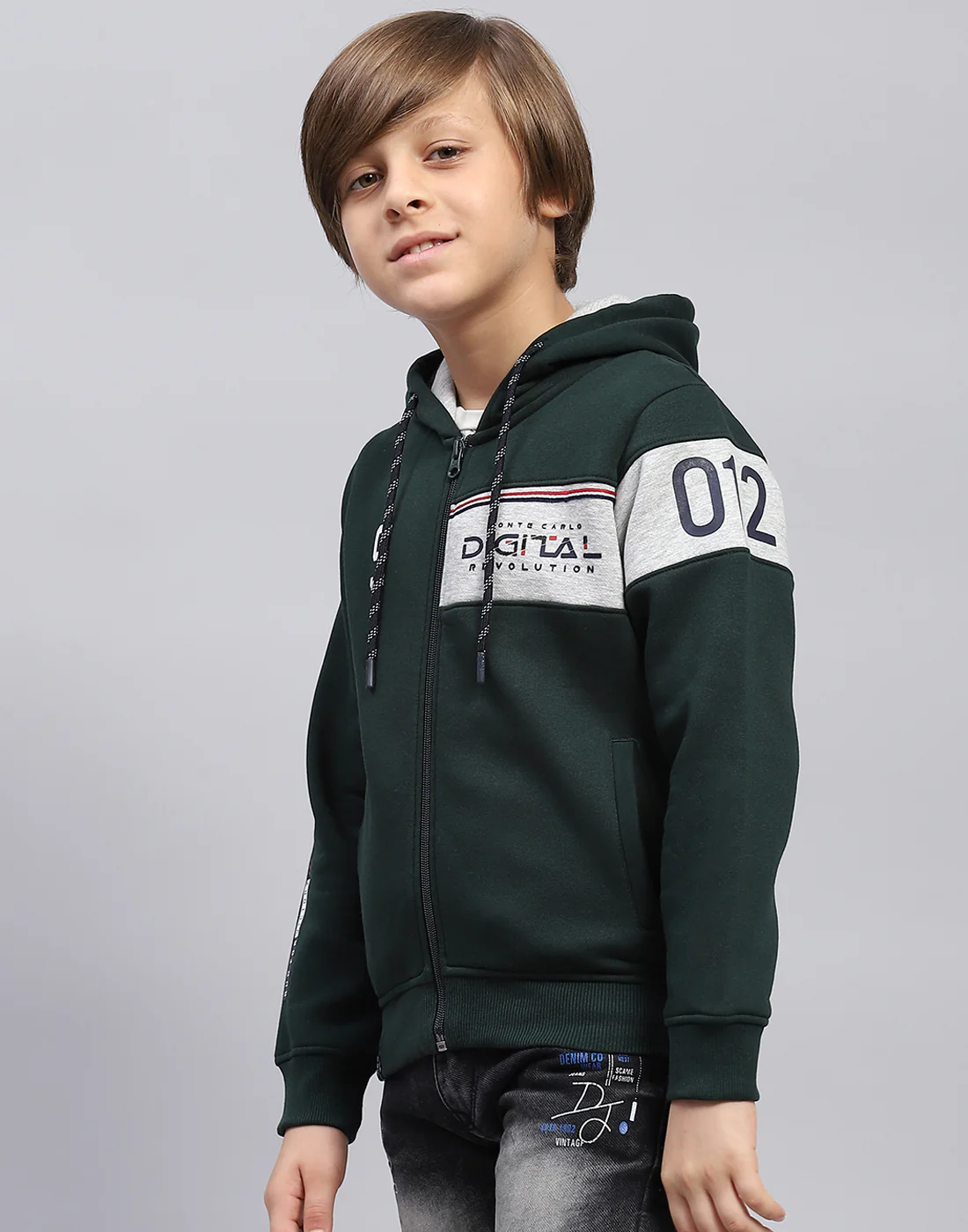 Boys Bottle Green Printed Hooded Full Sleeve Sweatshirt - Image 3