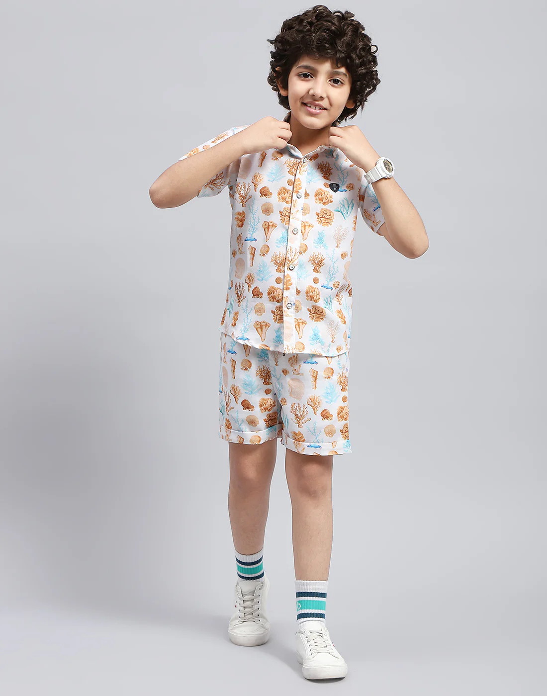 Boys Brown Printed Collar Neck Half Sleeve Bermuda Set - Image 2