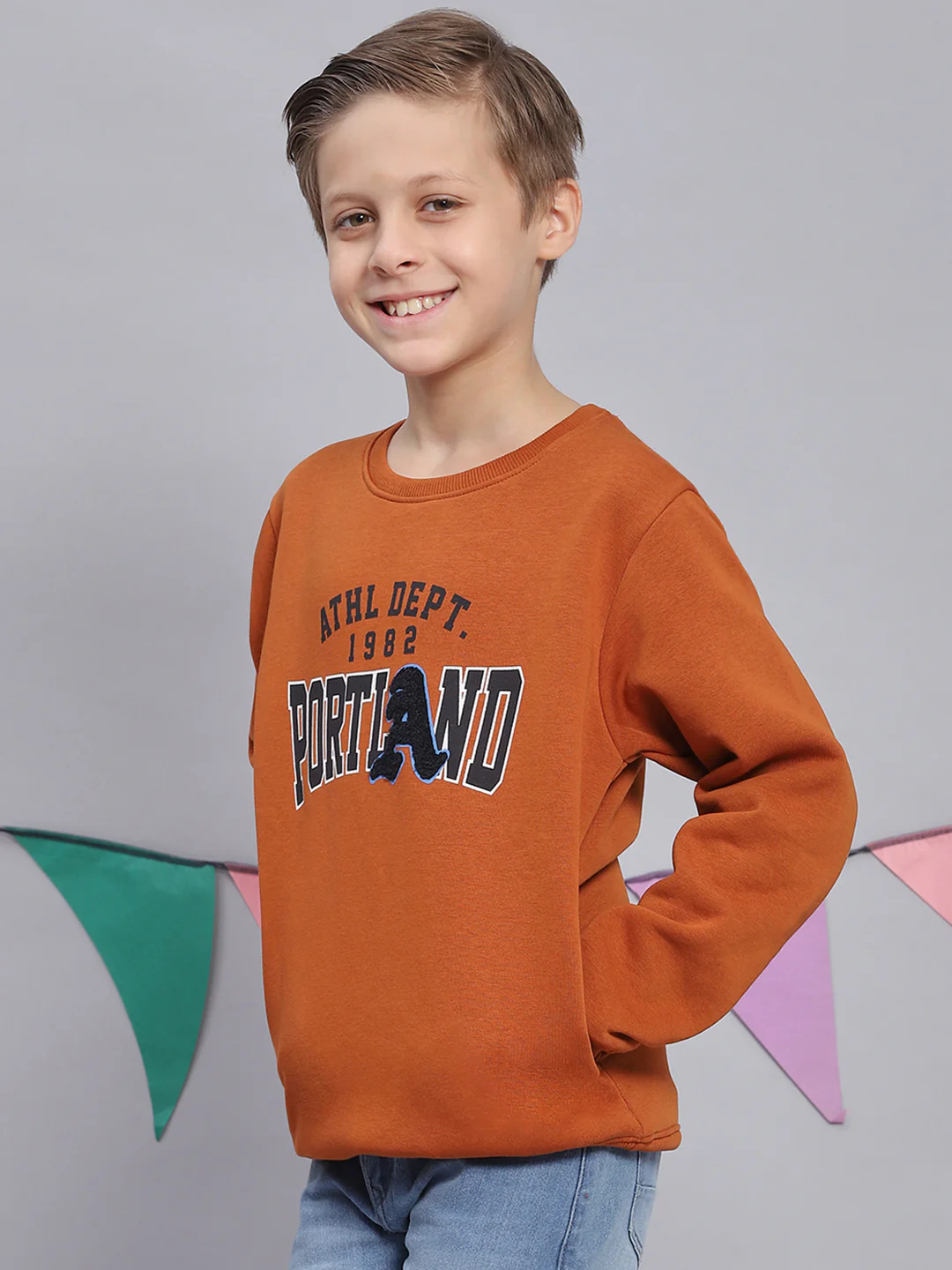 Boys Brown Printed Round Neck Full Sleeve Sweatshirt - Image 3