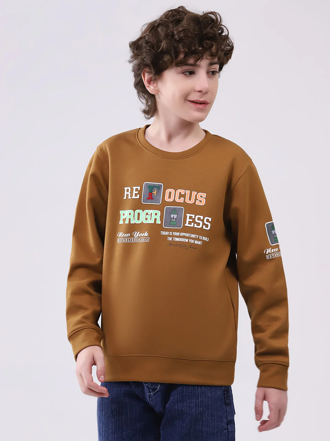 Boys Brown Printed Round Neck Full Sleeve Sweatshirt - Image 3