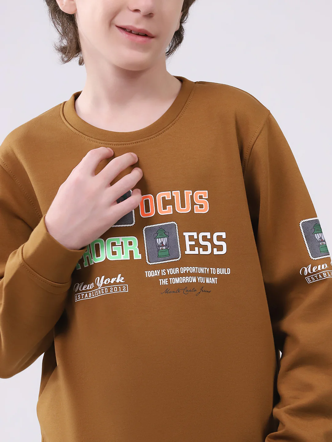 Boys Brown Printed Round Neck Full Sleeve Sweatshirt - Image 7