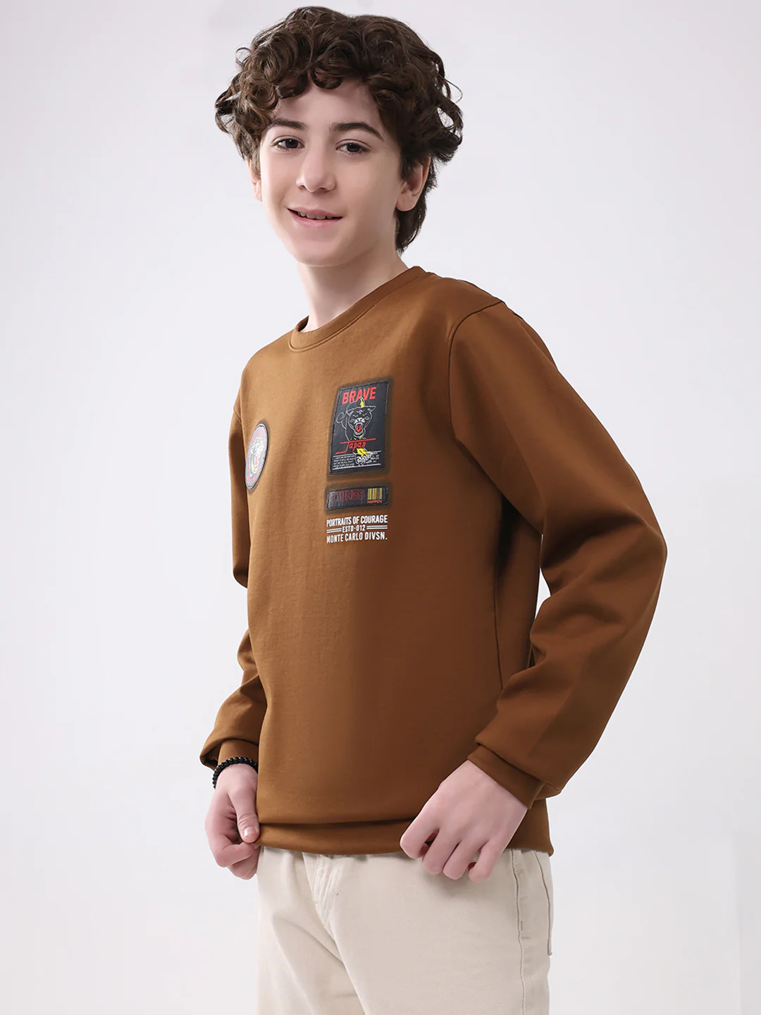 Boys Brown Printed Round Neck Full Sleeve Sweatshirt - Image 3