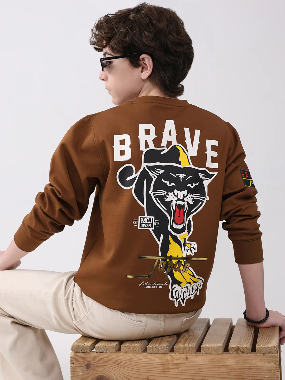 Boys Brown Printed Round Neck Full Sleeve Sweatshirt - Image 6