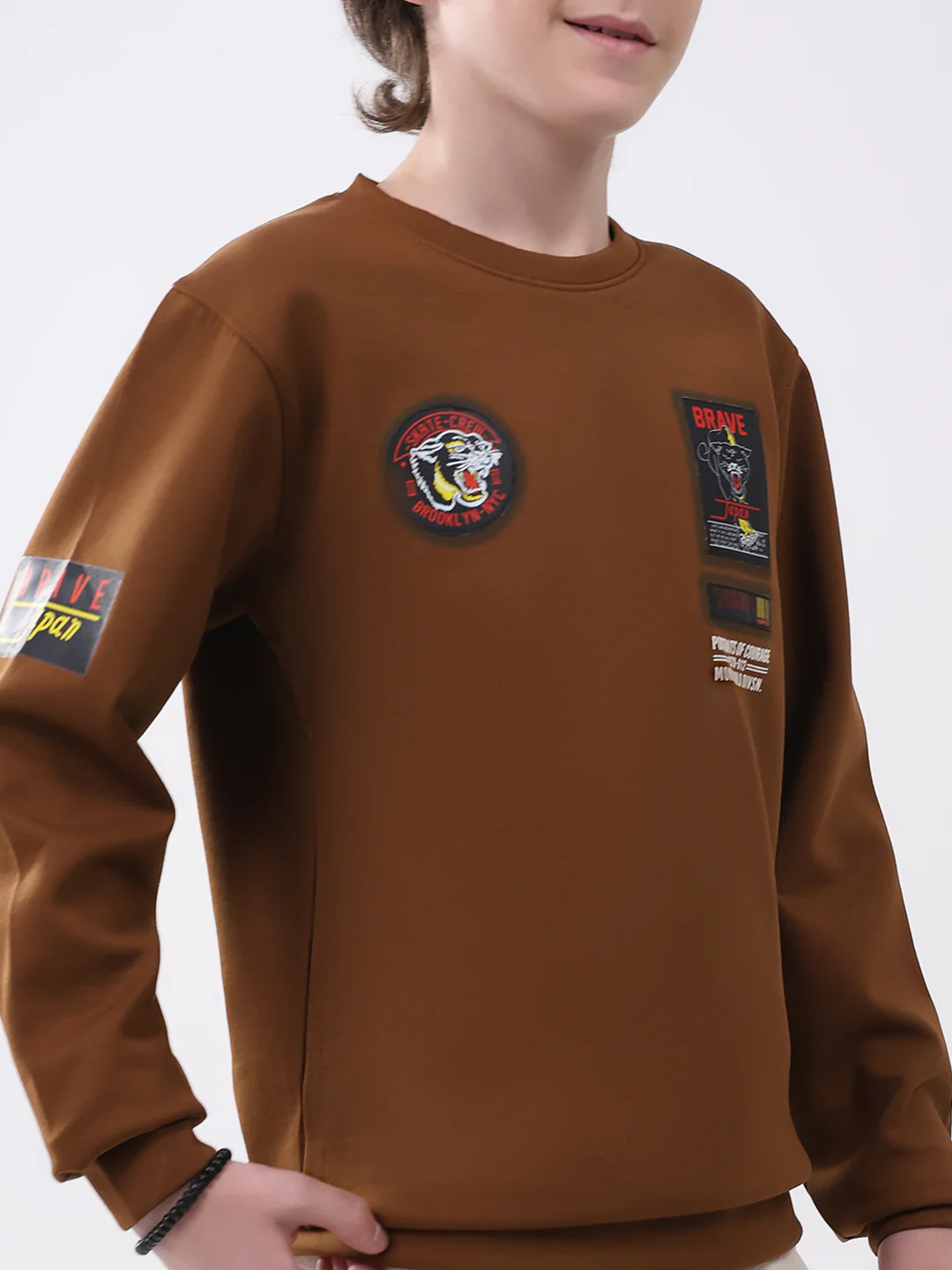 Boys Brown Printed Round Neck Full Sleeve Sweatshirt - Image 7