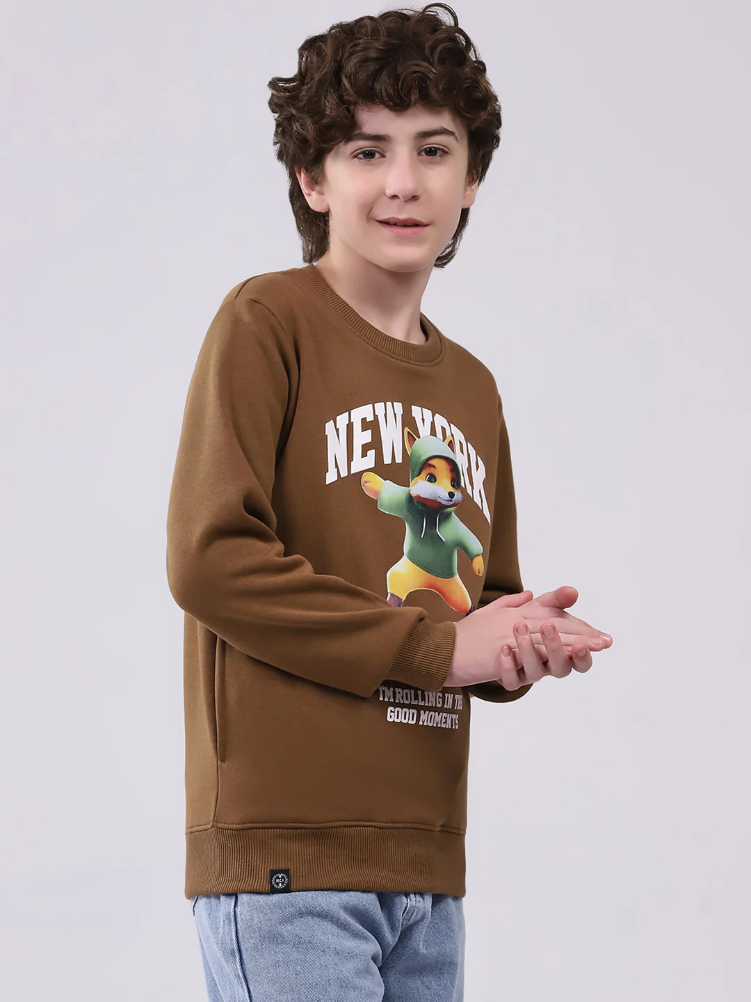 Boys Brown Printed Round Neck Full Sleeve Sweatshirt - Image 4