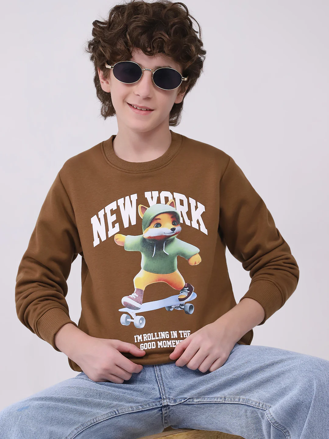 Boys Brown Printed Round Neck Full Sleeve Sweatshirt - Image 6