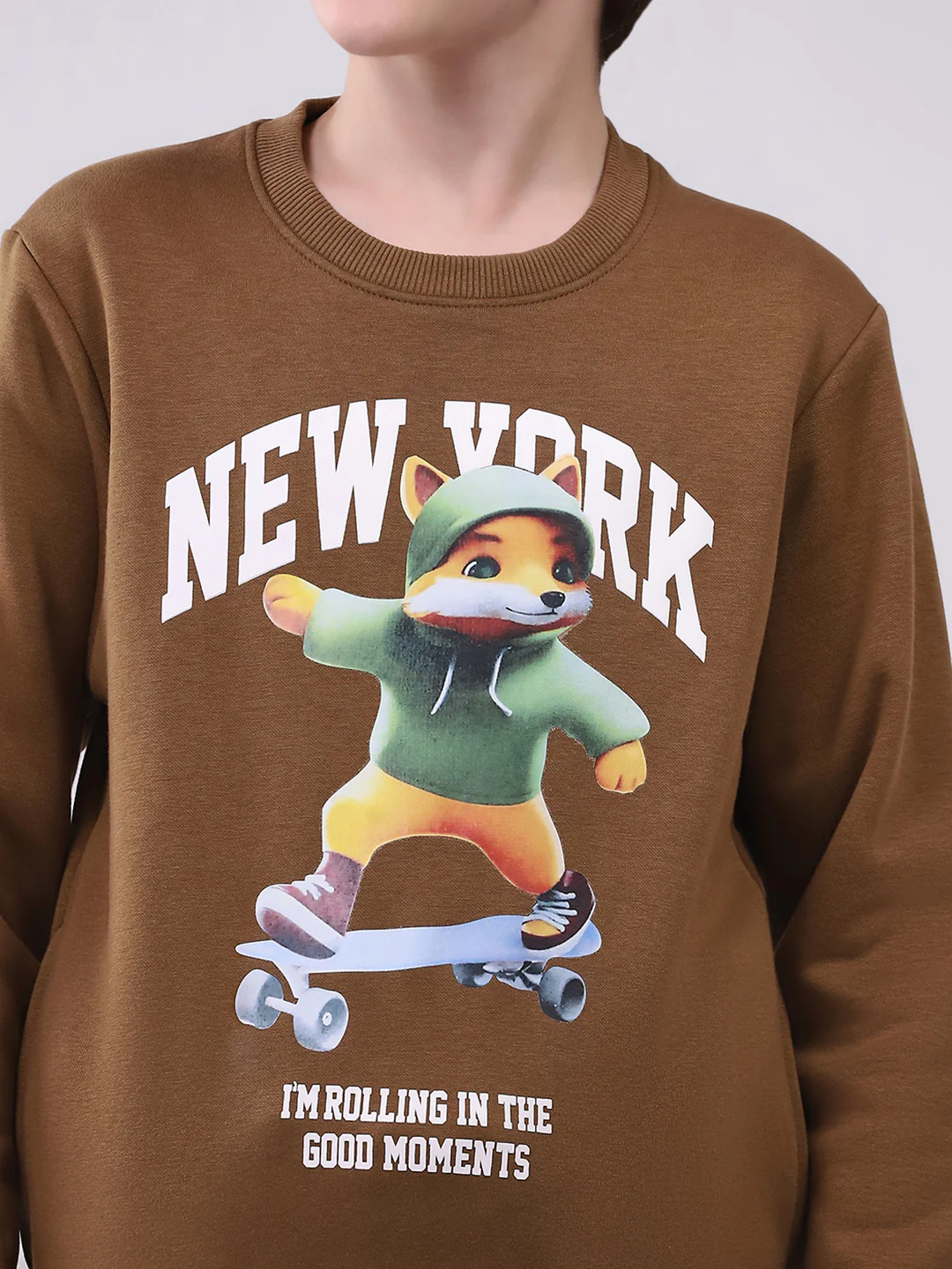 Boys Brown Printed Round Neck Full Sleeve Sweatshirt - Image 7