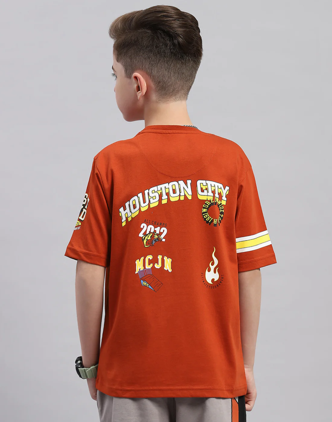 Boys Brown Printed Round Neck Half Sleeve T-Shirt - Image 6