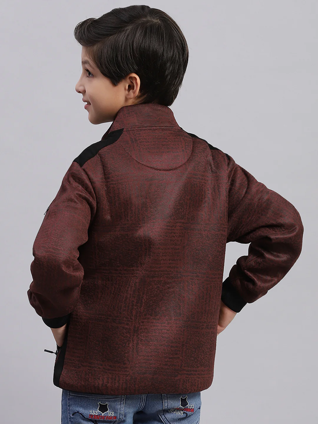 Boys Brown Printed Stand Collar Full Sleeve Sweatshirt - Image 5