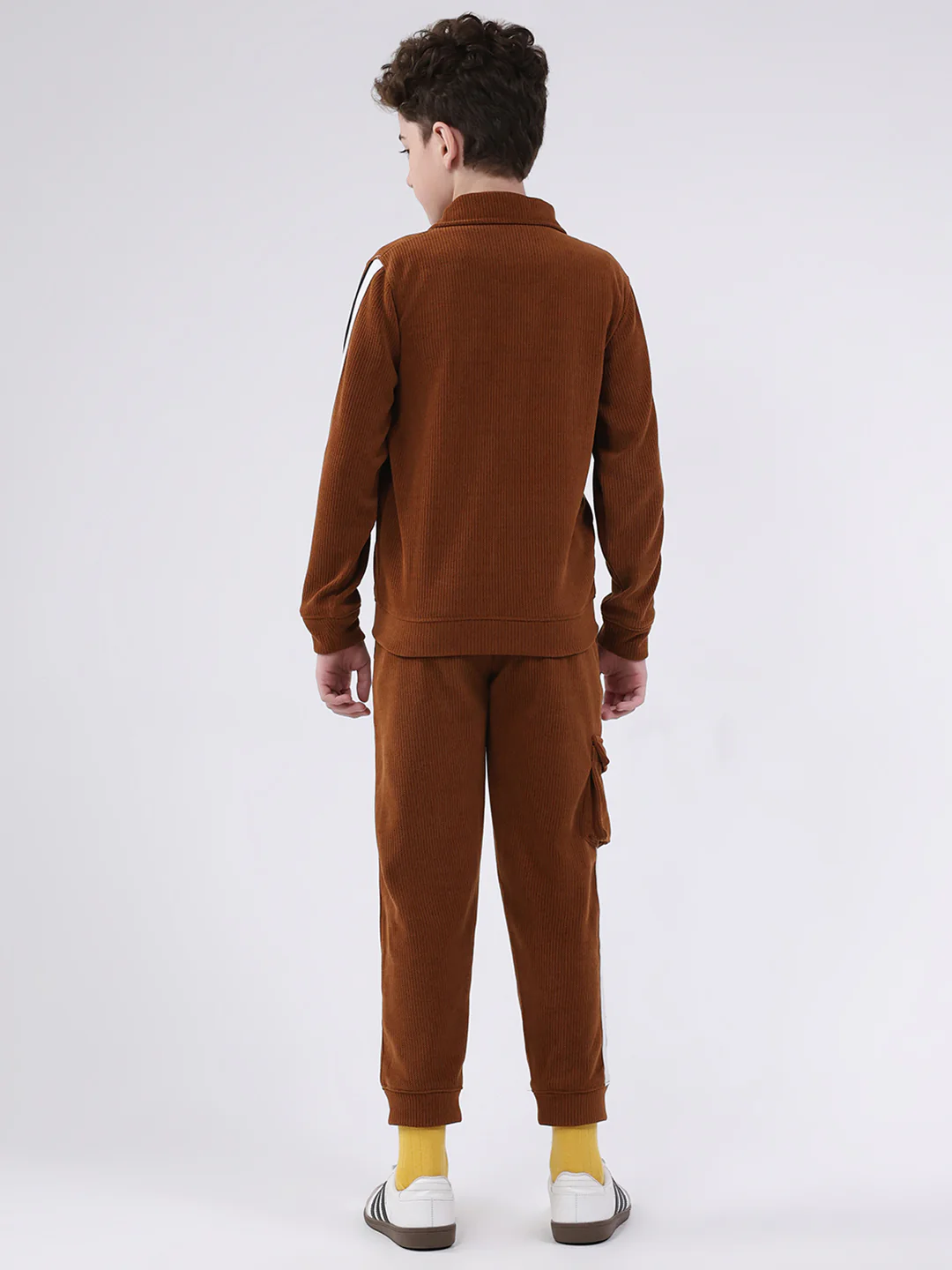 Boys Brown Self Design Collar Full Sleeve Cords Set - Image 5