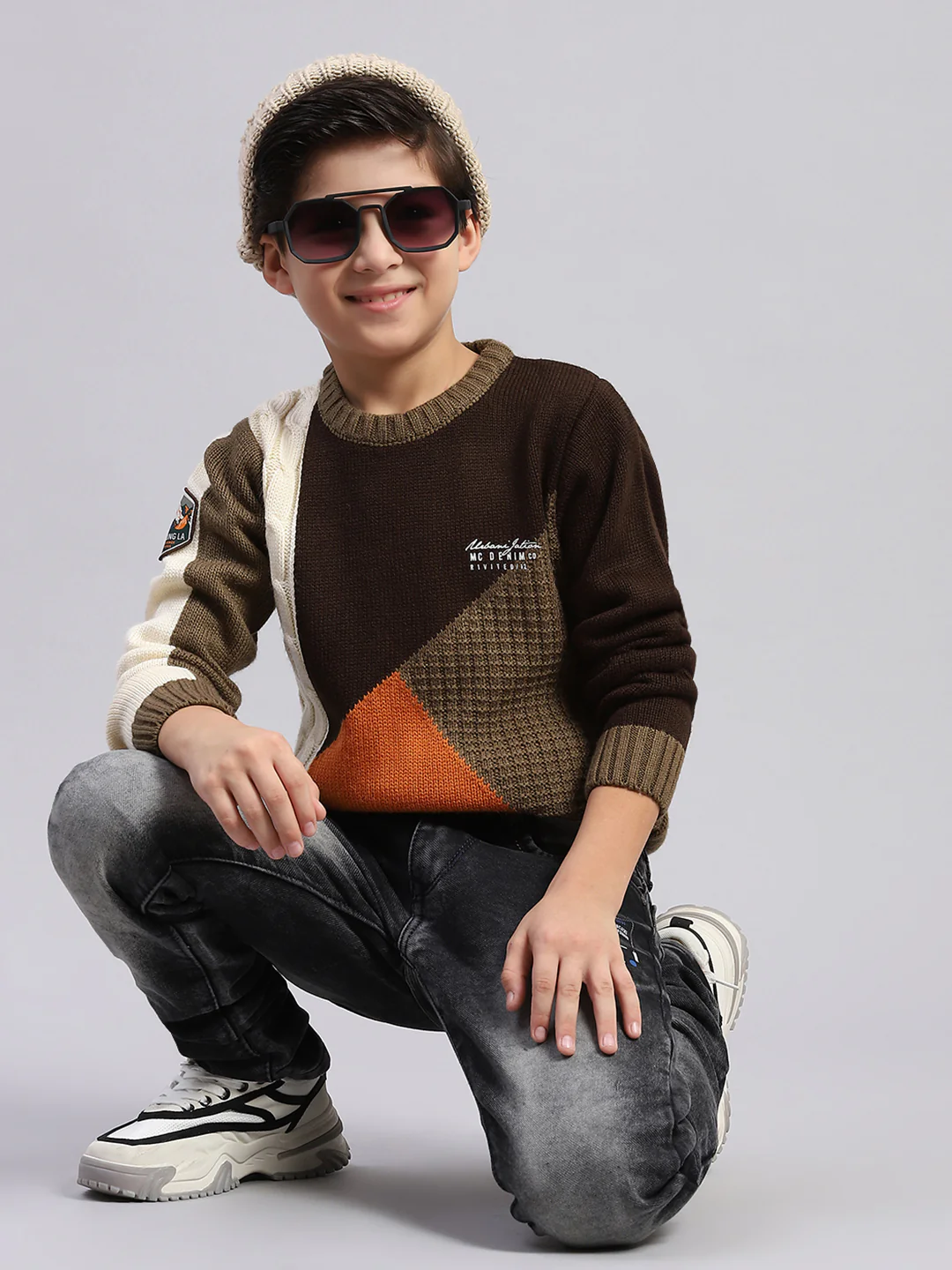 Boys Brown Self Design Round Neck Full Sleeve Sweater - Image 2