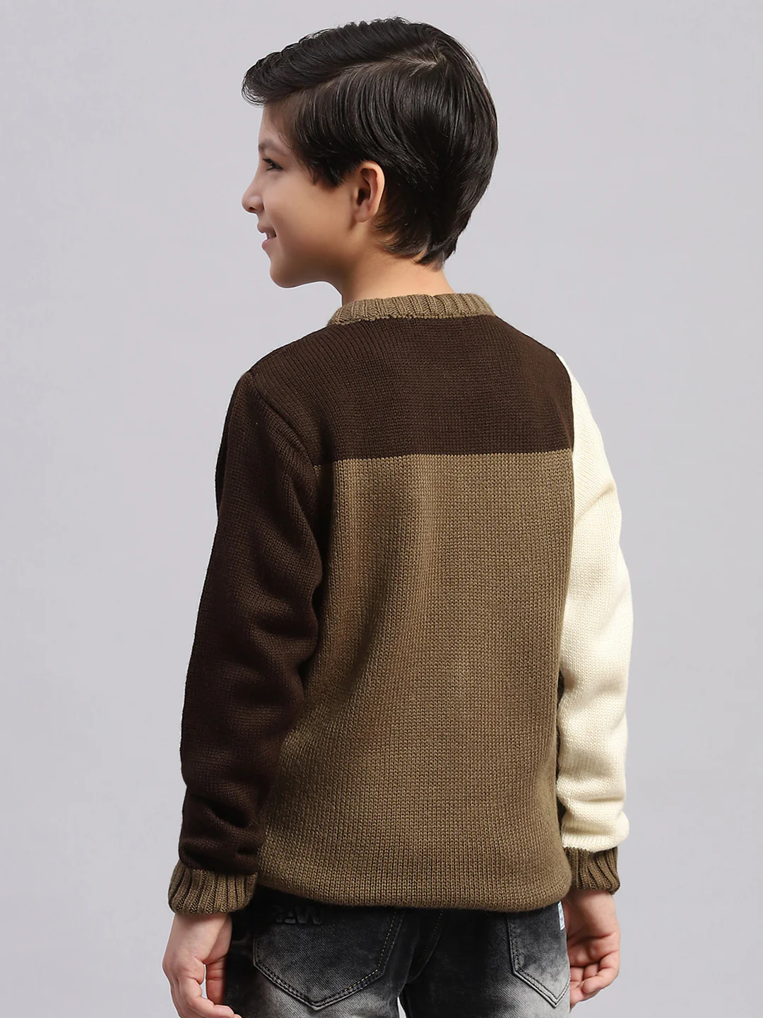Boys Brown Self Design Round Neck Full Sleeve Sweater - Image 3