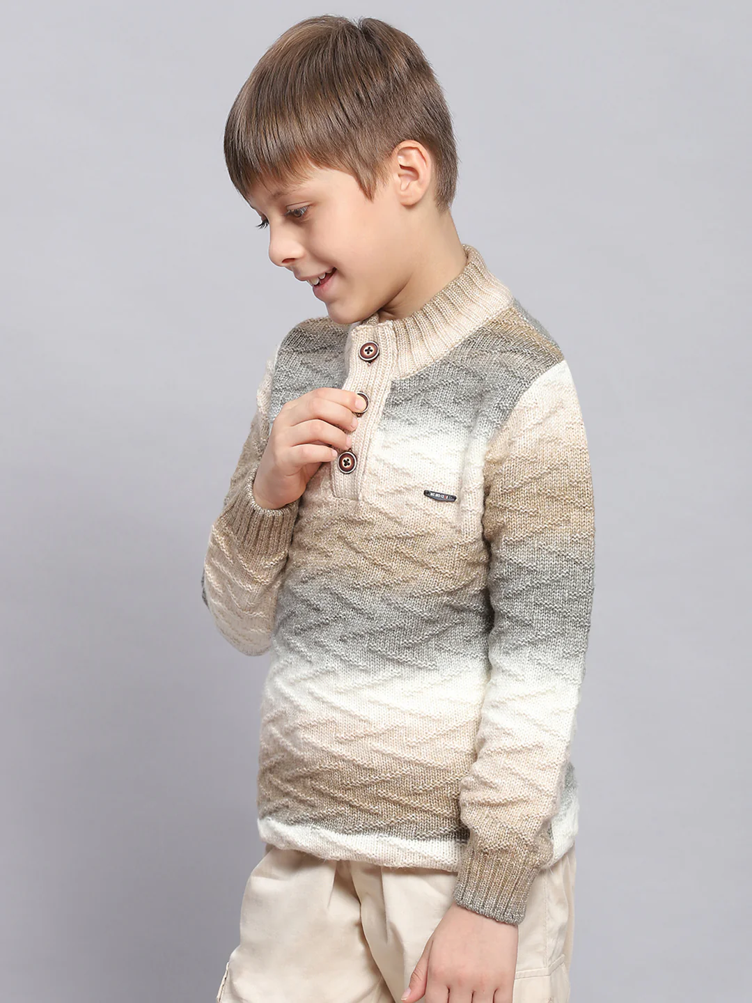 Boys Brown Self Design Round Neck Full Sleeve Sweater - Image 3