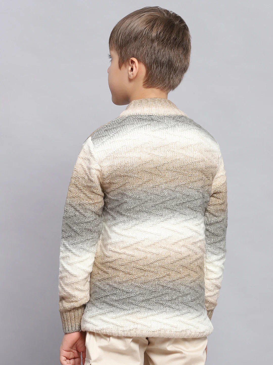 Boys Brown Self Design Round Neck Full Sleeve Sweater - Image 5