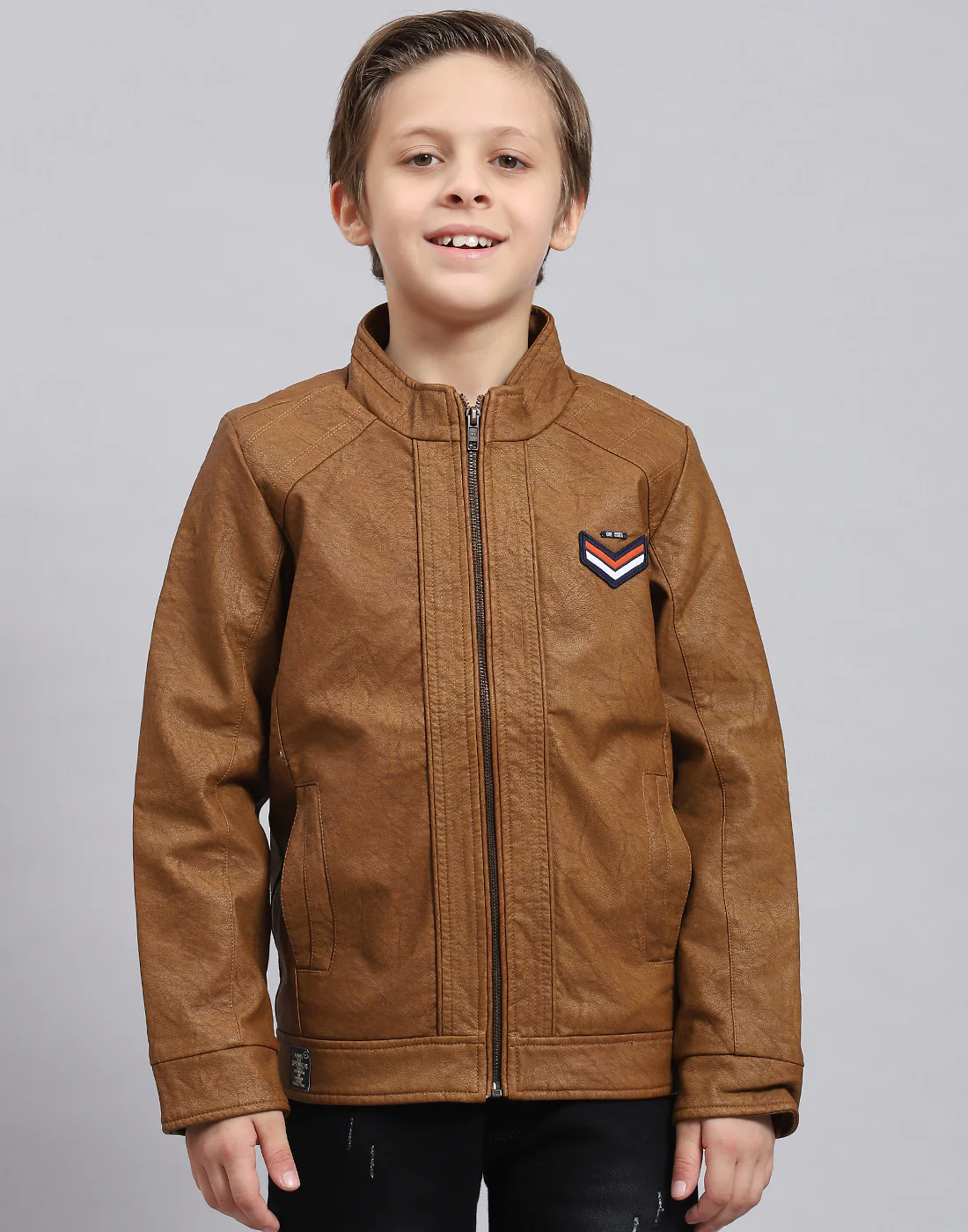 Boys Brown Solid Stand Collar Full Sleeve Boys Jacket - Image 2