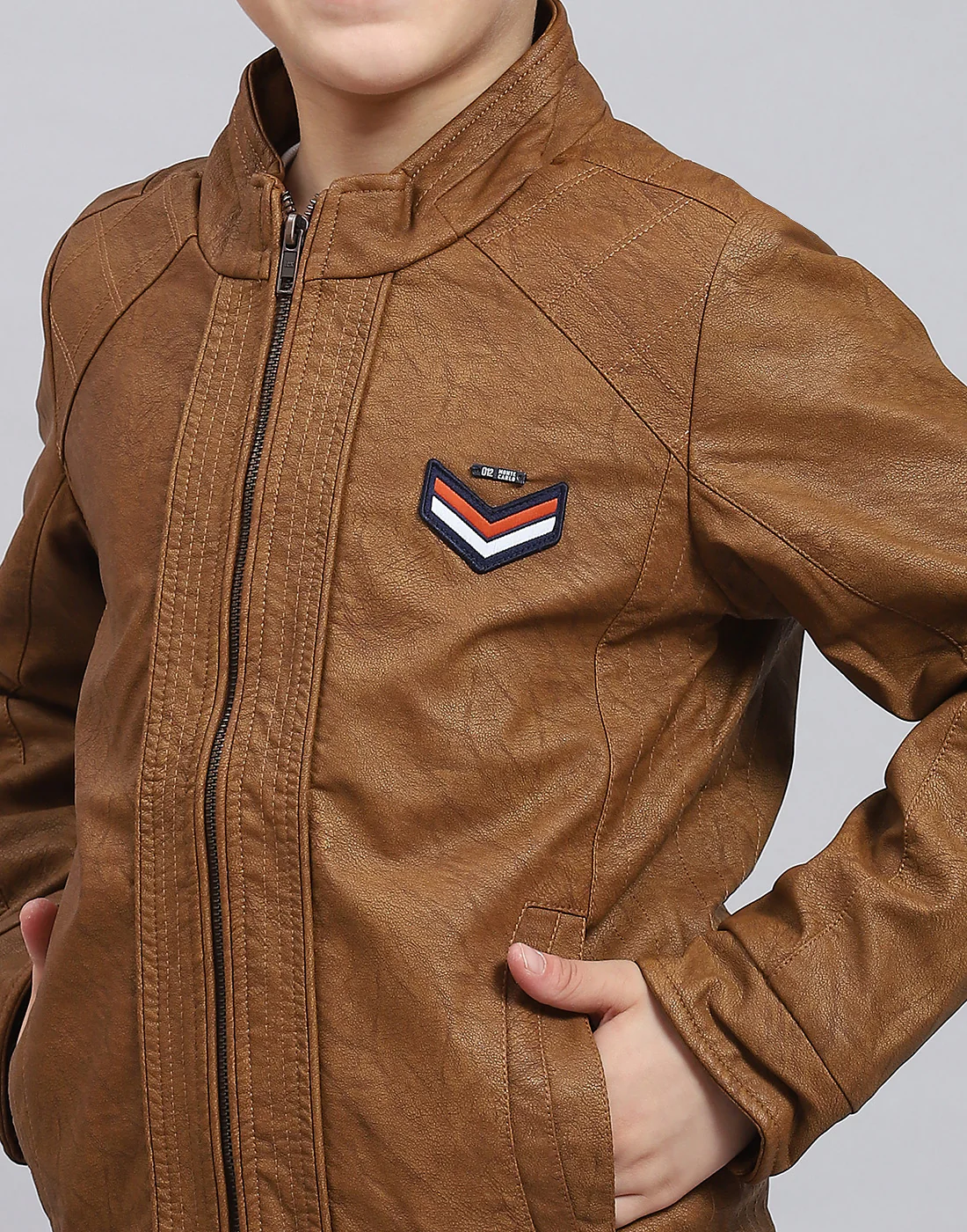 Boys Brown Solid Stand Collar Full Sleeve Boys Jacket - Image 7