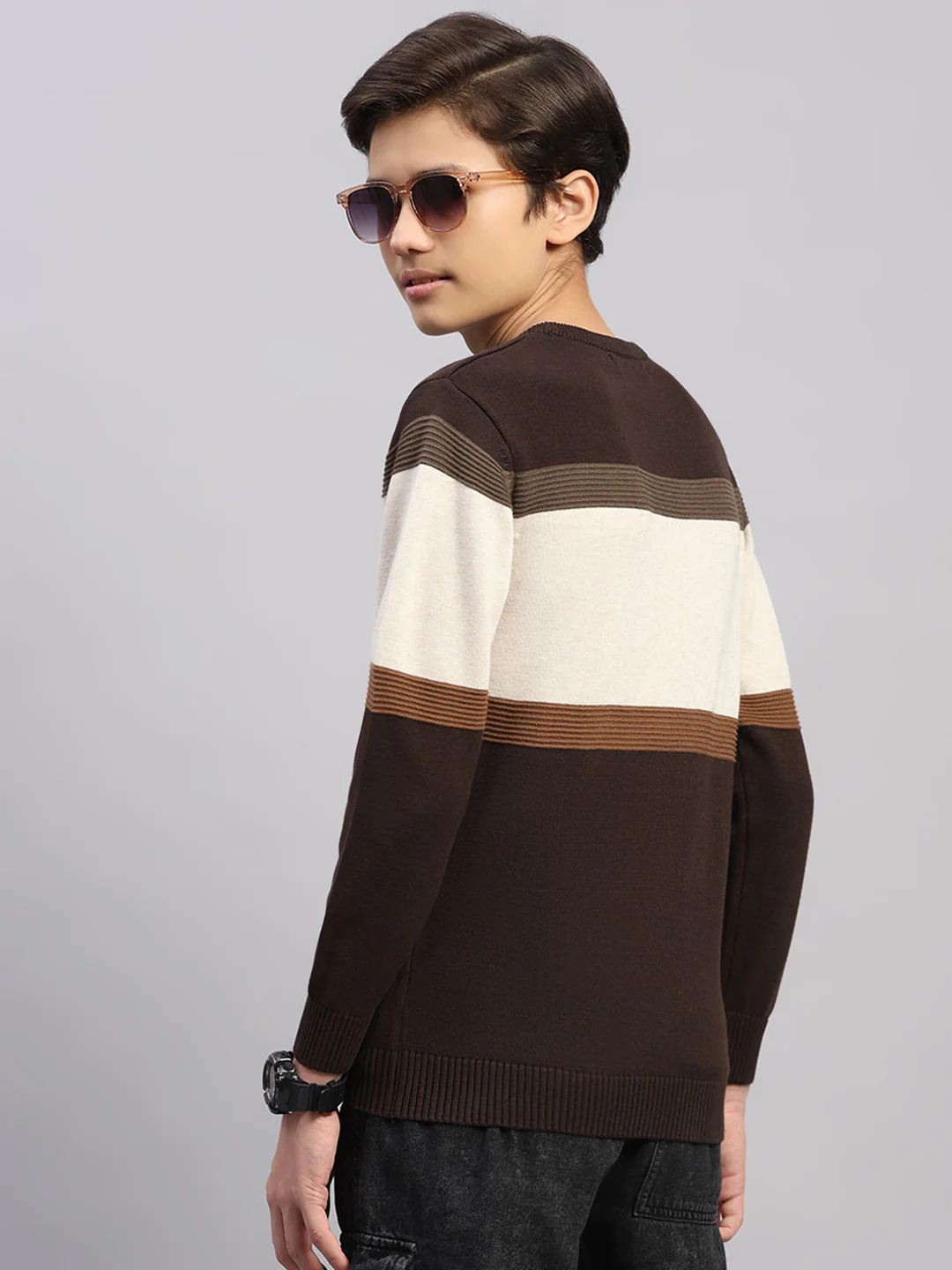 Boys Brown Stripe Round Neck Full Sleeve Pullover - Image 5