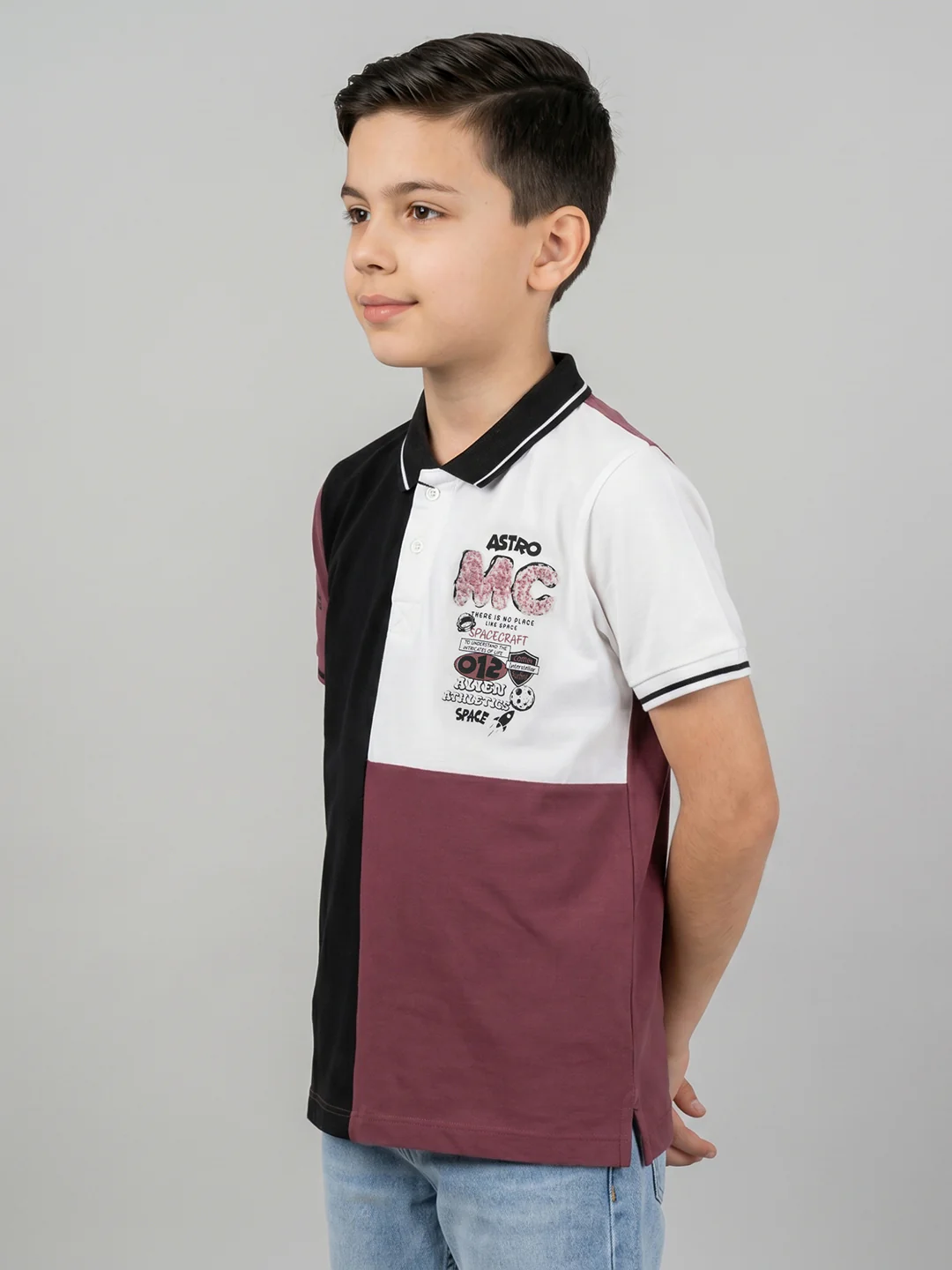 Boys Burgundy Printed Collar Half Sleeve T-Shirt - Image 2