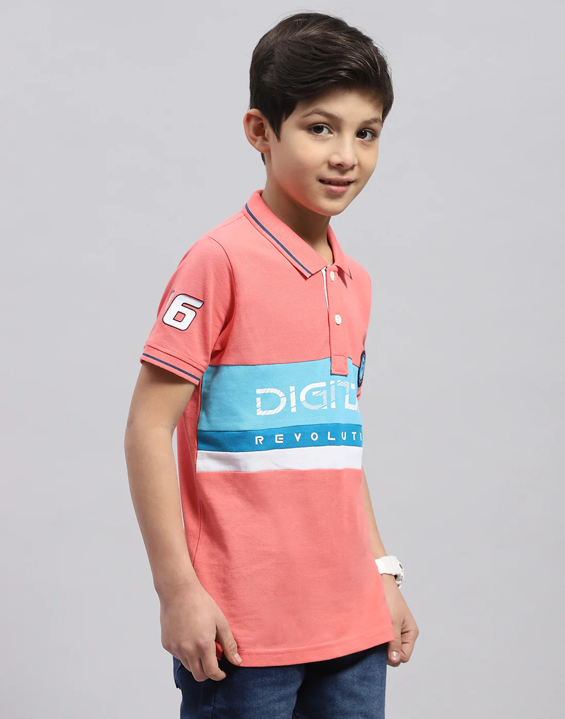 Boys Coral Printed Polo Collar Half Sleeve T-Shirt - Image 4