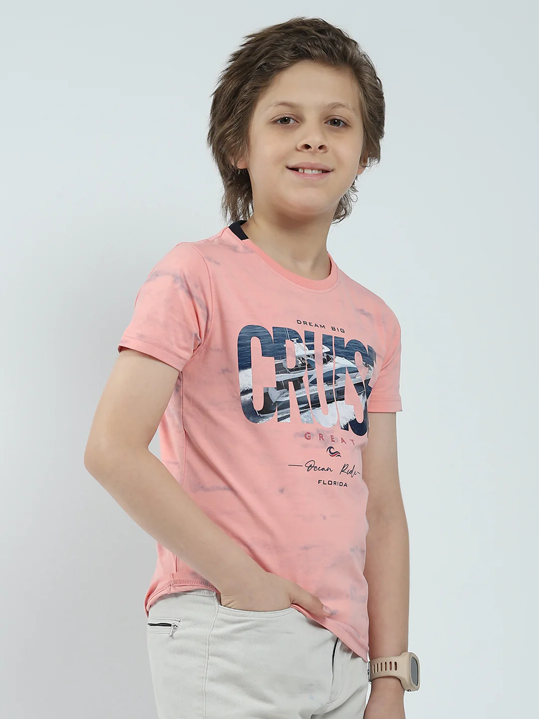 Boys Coral Printed Round Neck Half Sleeve T-Shirt - Image 4
