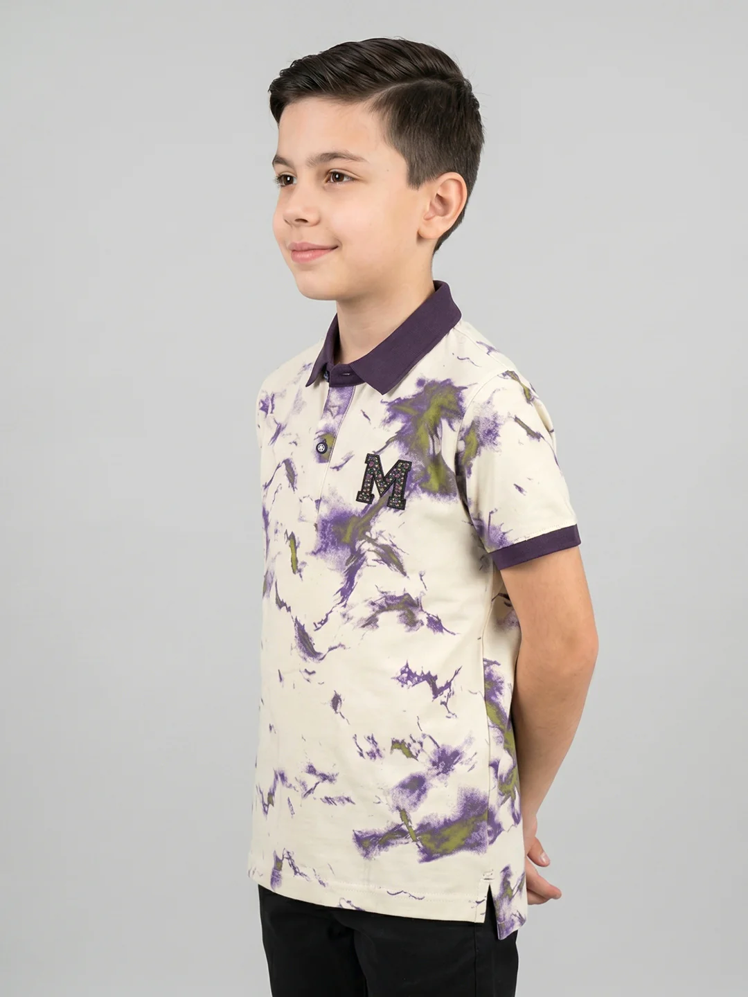 Boys Cream Printed Collar Half Sleeve T-Shirt - Image 3
