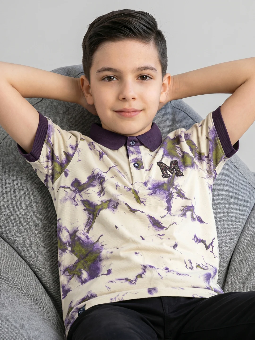Boys Cream Printed Collar Half Sleeve T-Shirt - Image 5