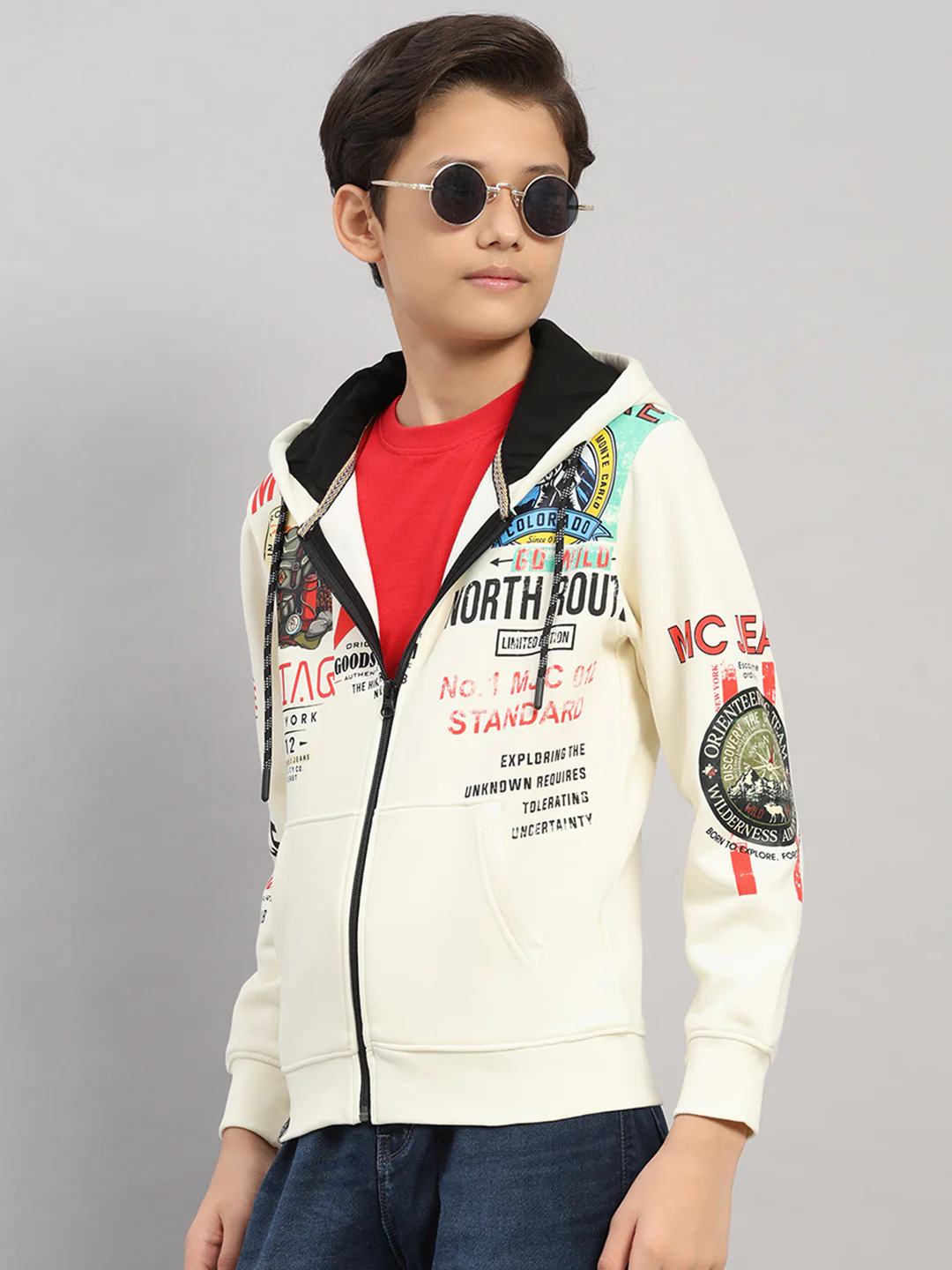 Boys Cream Printed Hooded Full Sleeve Sweatshirt - Image 6