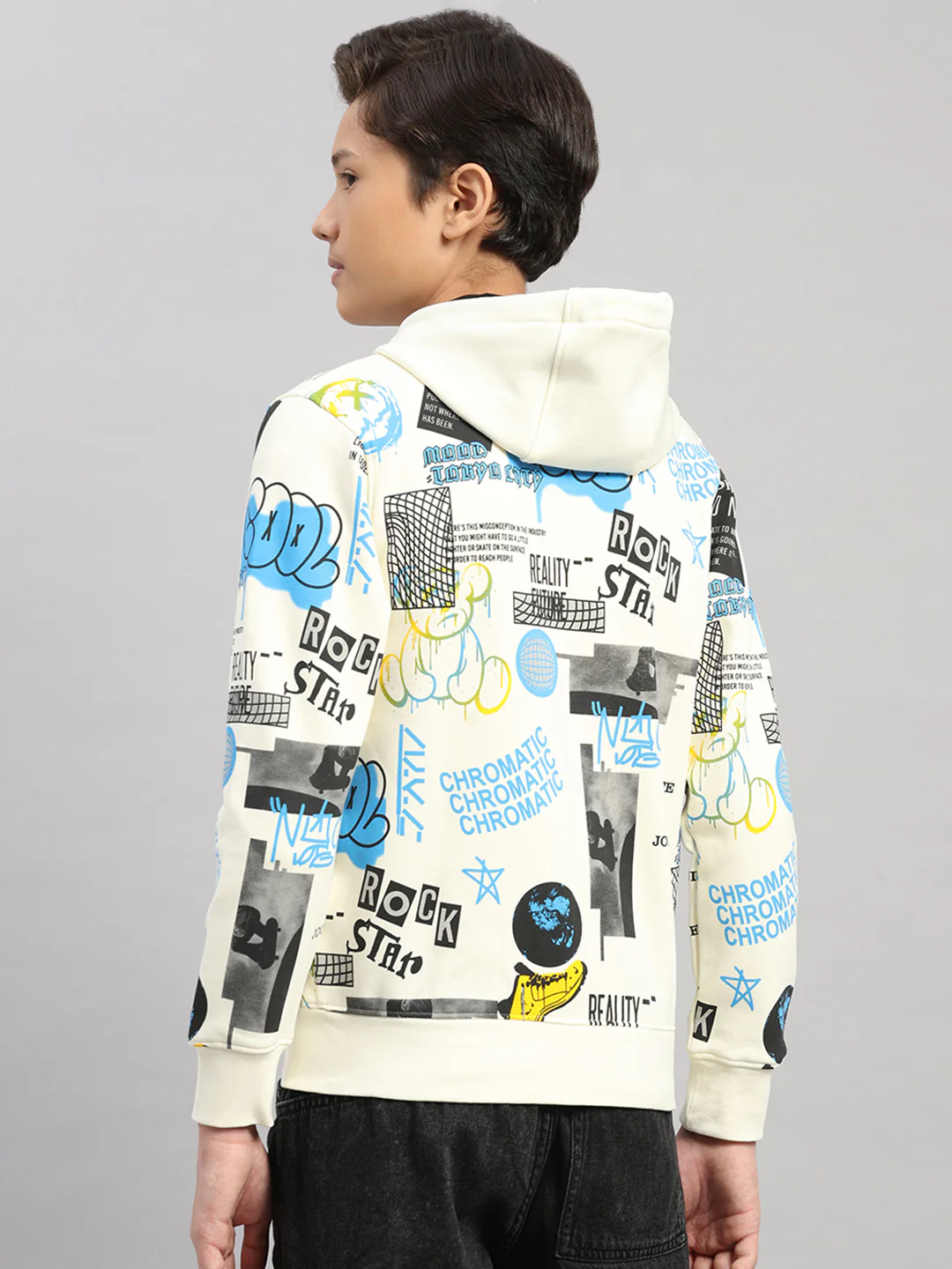 Boys Cream Printed Hooded Full Sleeve Sweatshirt - Image 5