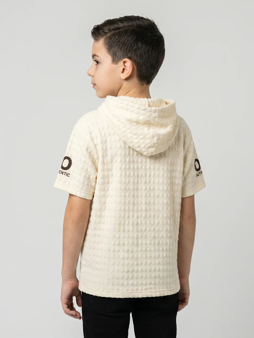 Boys Cream Printed Hooded Half Sleeve T-Shirt - Image 4