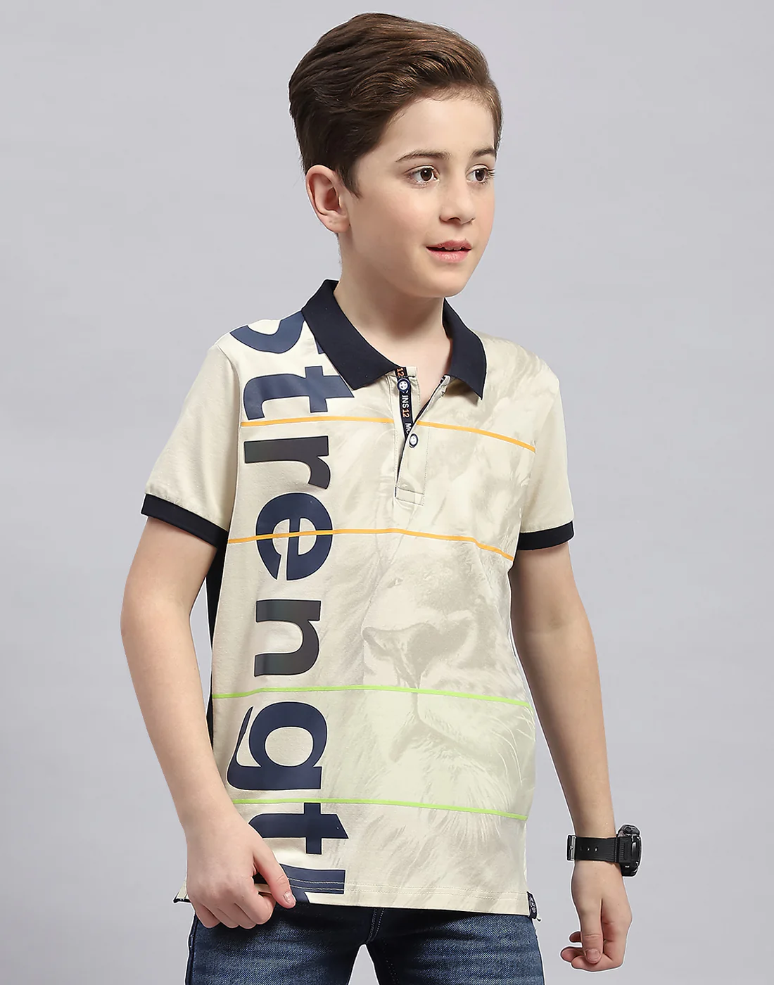 Boys Cream Printed Polo Collar Half Sleeve T-Shirt - Image 2