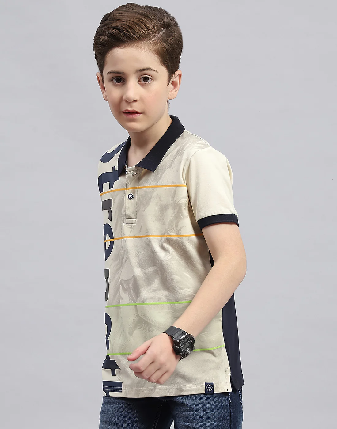 Boys Cream Printed Polo Collar Half Sleeve T-Shirt - Image 3