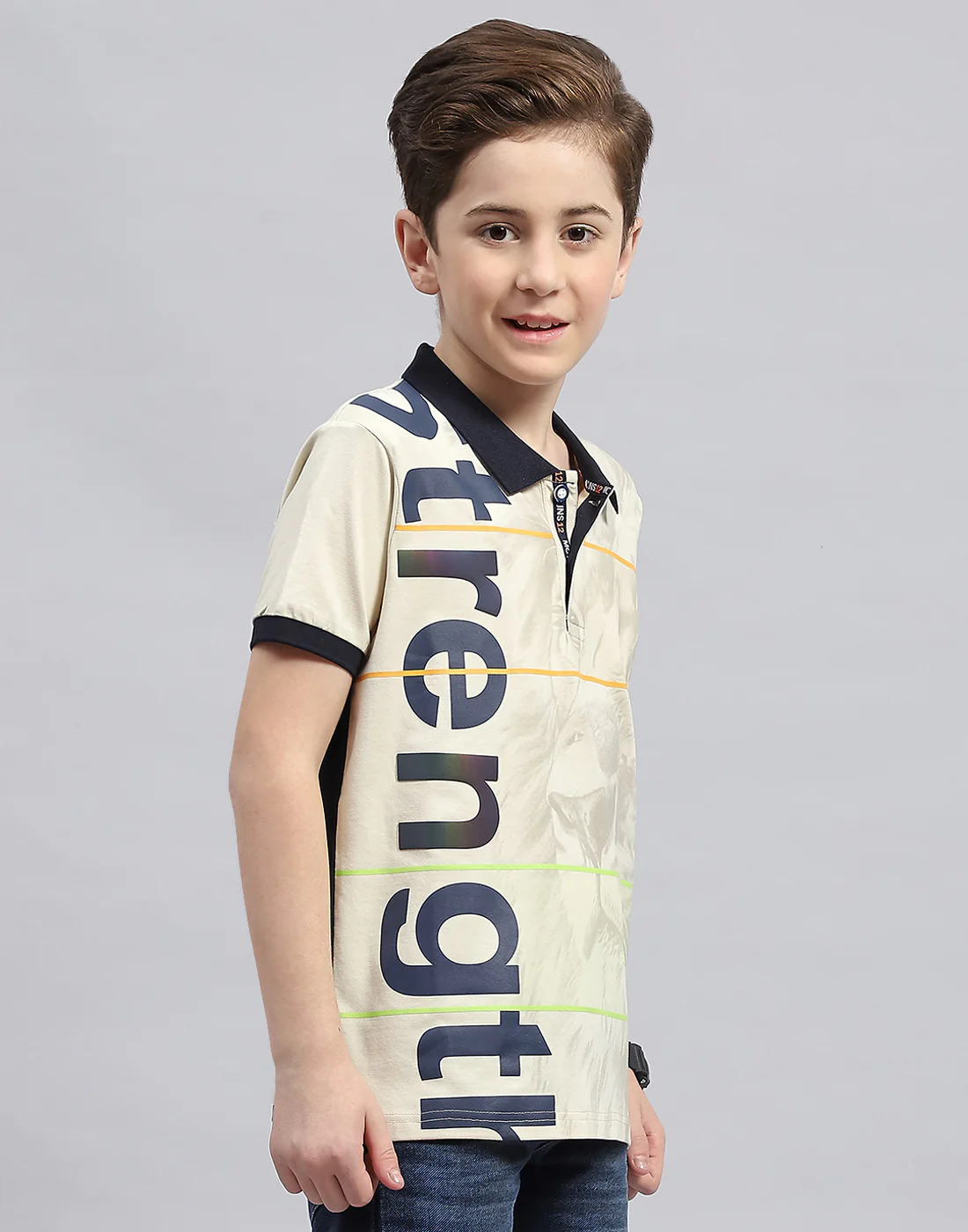 Boys Cream Printed Polo Collar Half Sleeve T-Shirt - Image 4