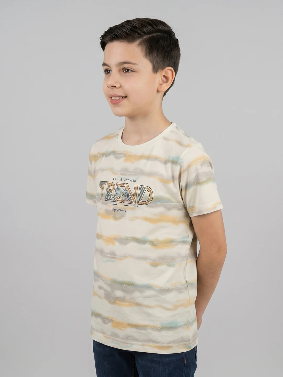 Boys Cream Printed Round Neck Half Sleeve T-Shirt - Image 3