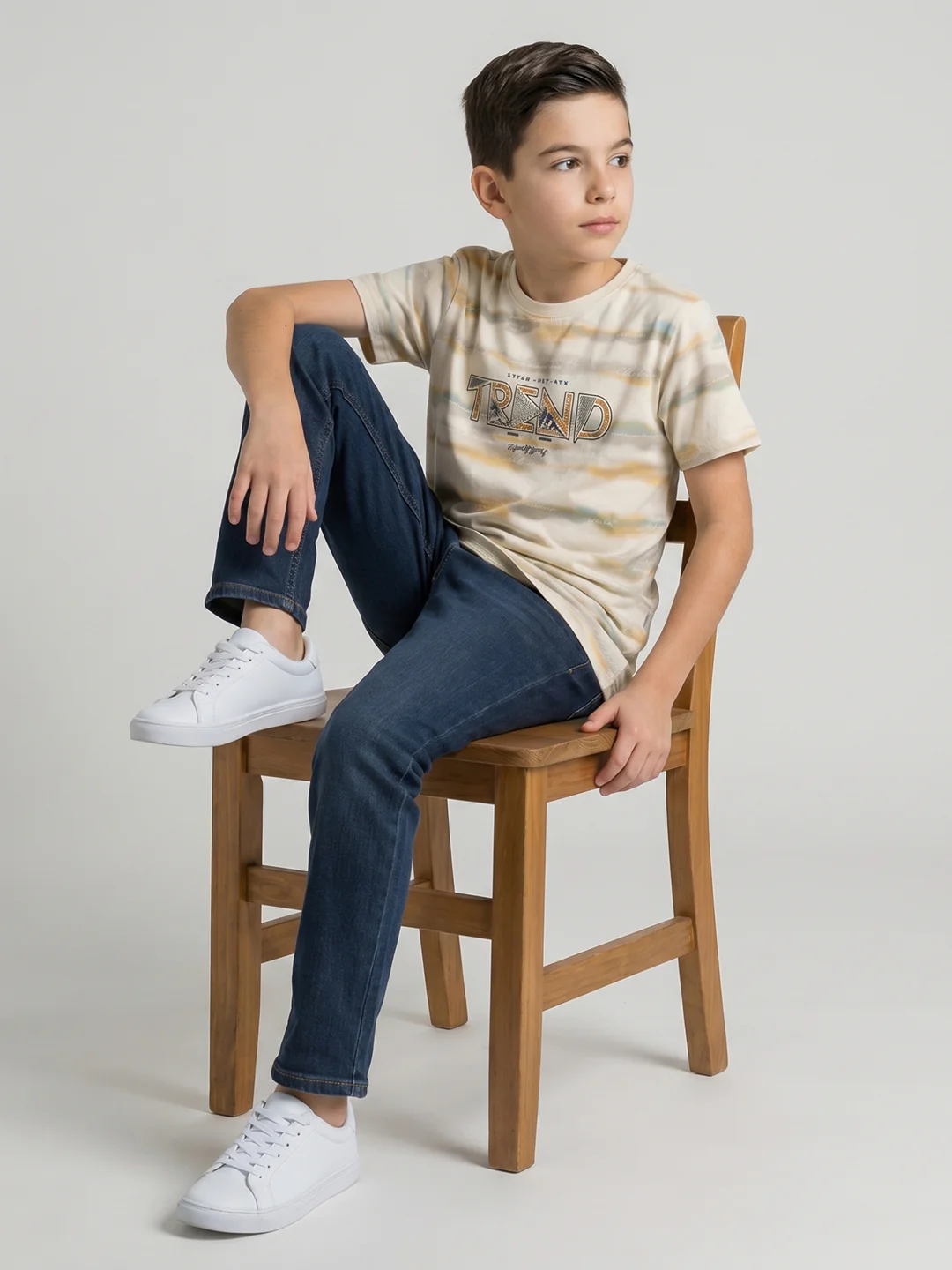 Boys Cream Printed Round Neck Half Sleeve T-Shirt - Image 5