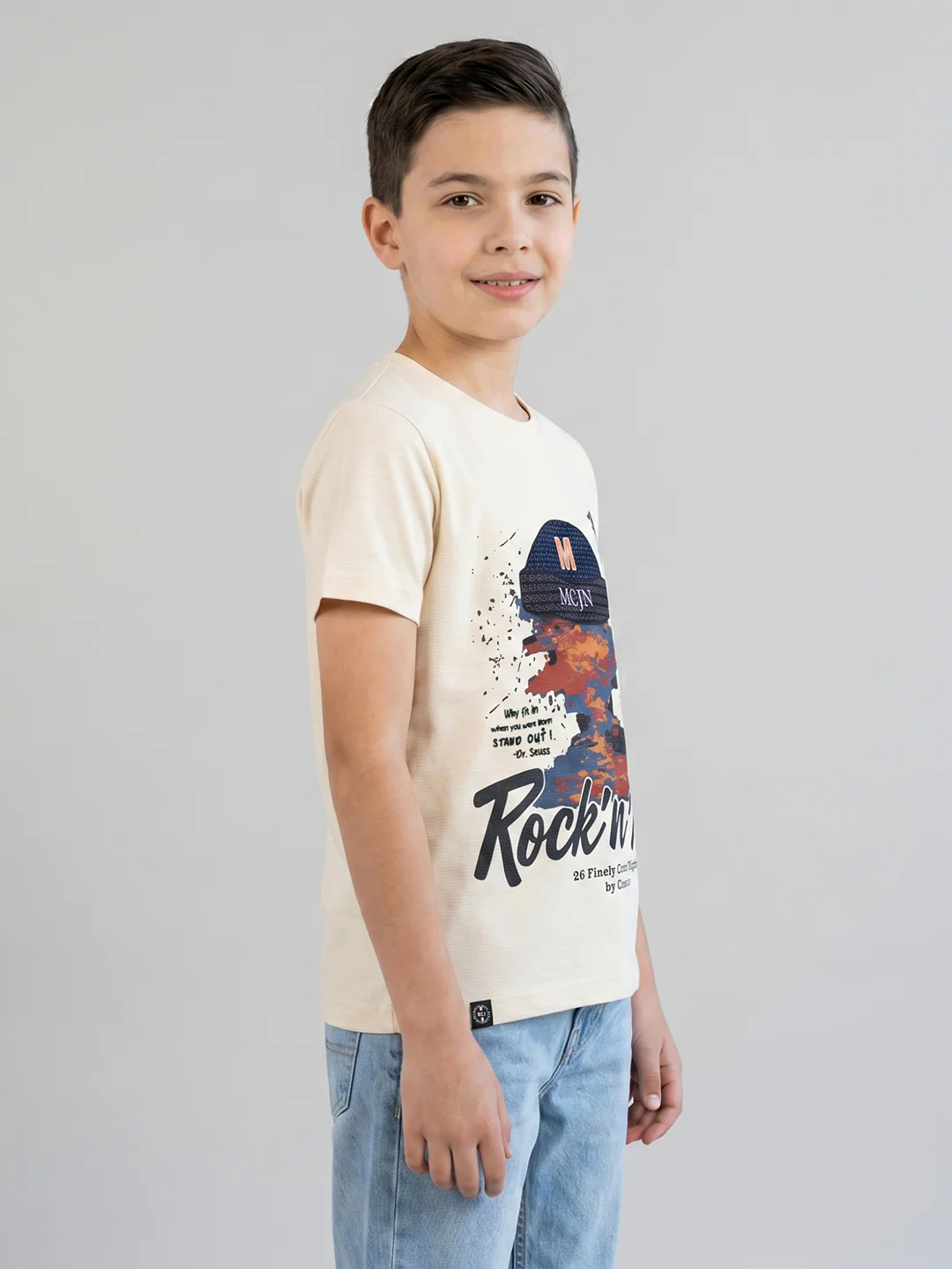 Boys Cream Printed Round Neck Half Sleeve T-Shirt - Image 2