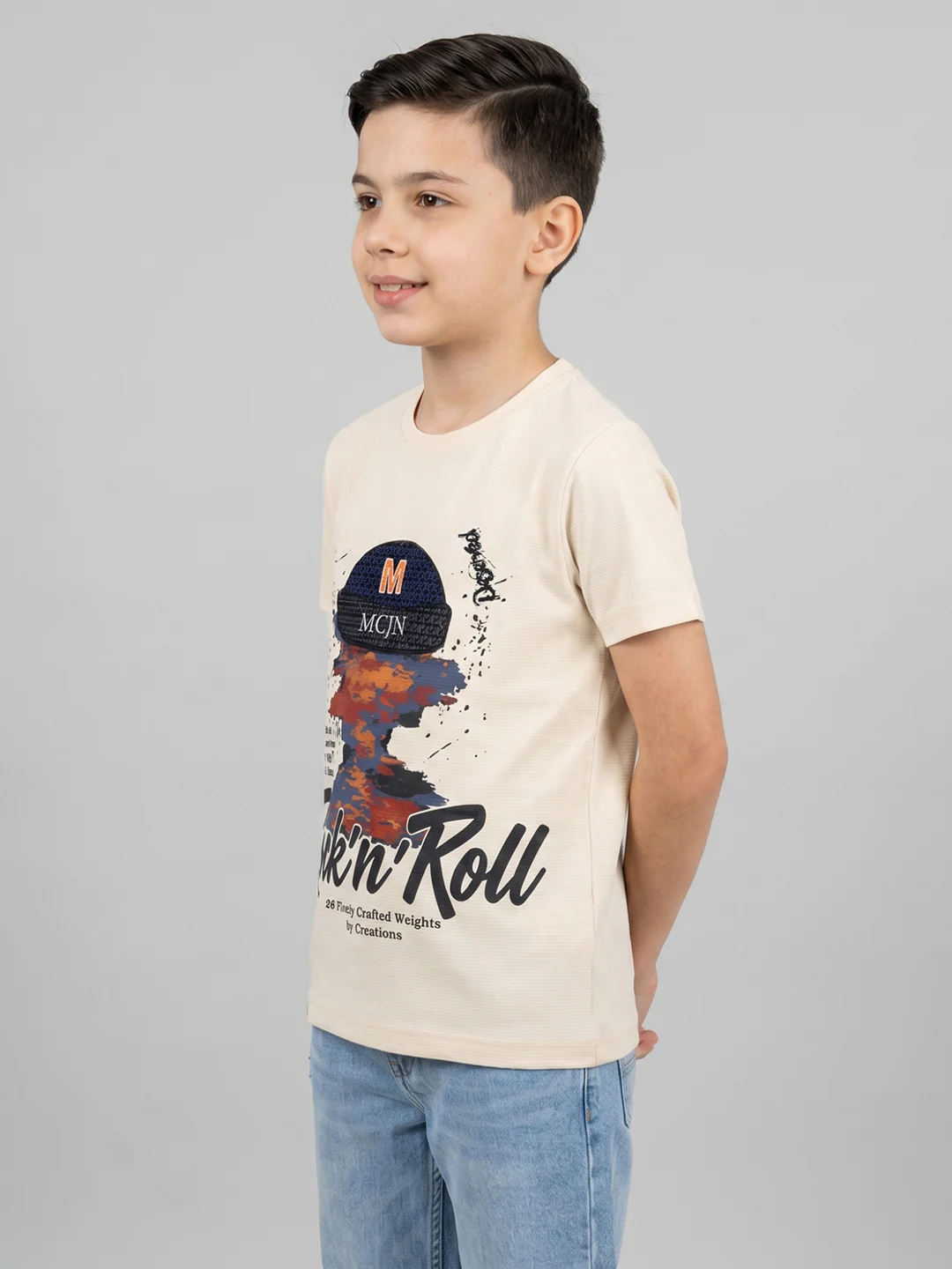 Boys Cream Printed Round Neck Half Sleeve T-Shirt - Image 3