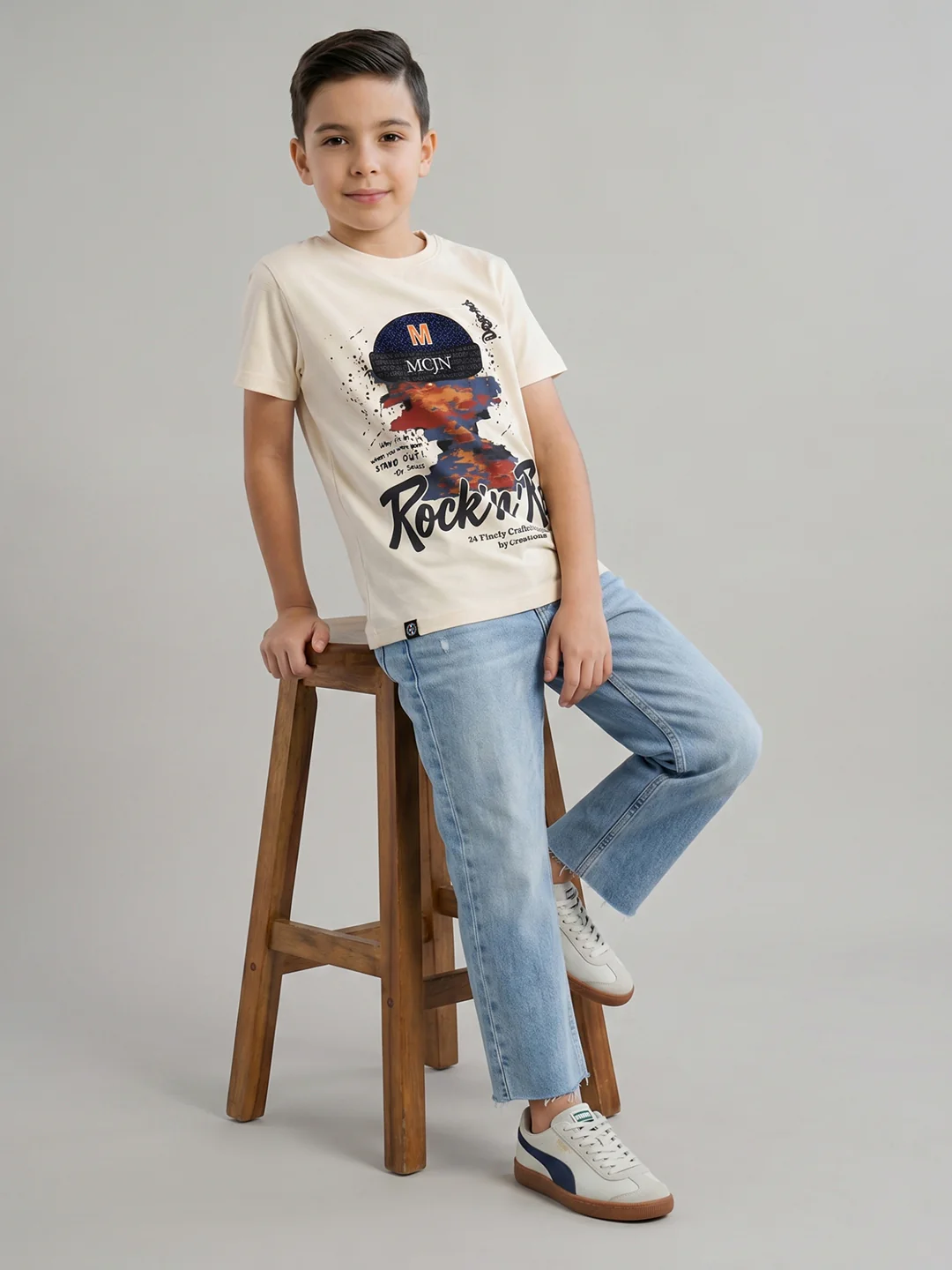 Boys Cream Printed Round Neck Half Sleeve T-Shirt - Image 5