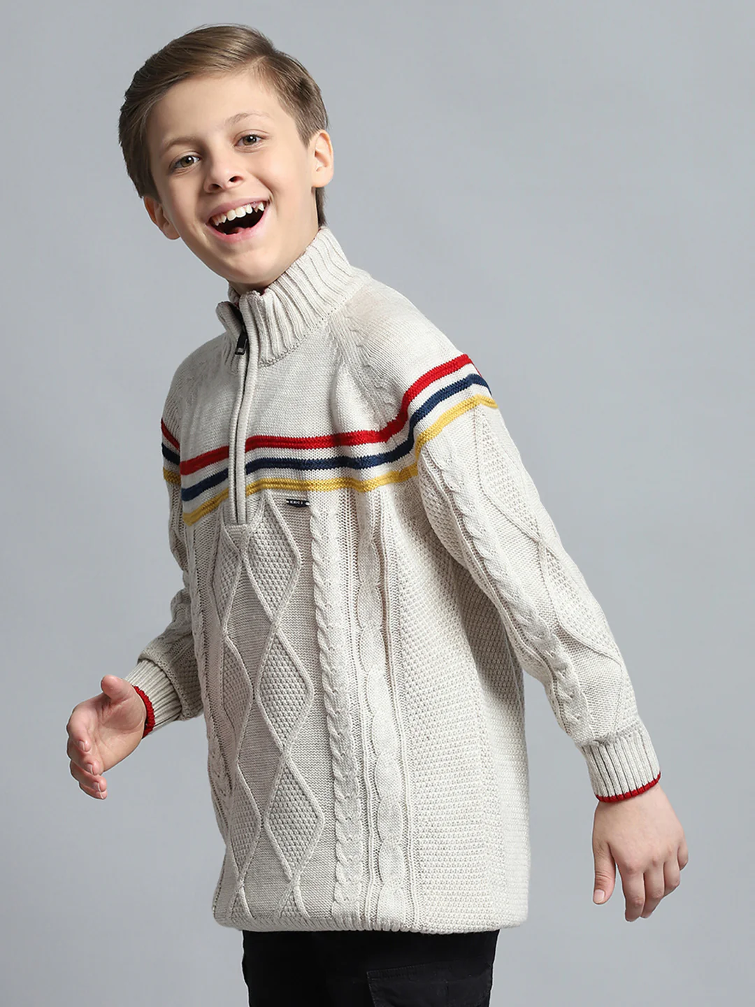 Boys Cream Self Design Mock Neck Full Sleeve Pullover - Image 3