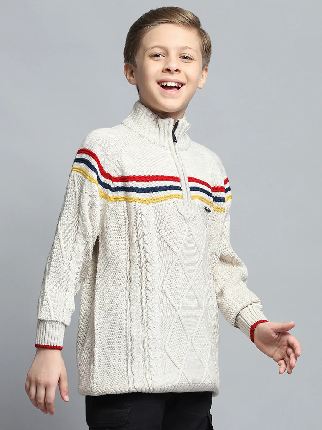Boys Cream Self Design Mock Neck Full Sleeve Pullover - Image 4