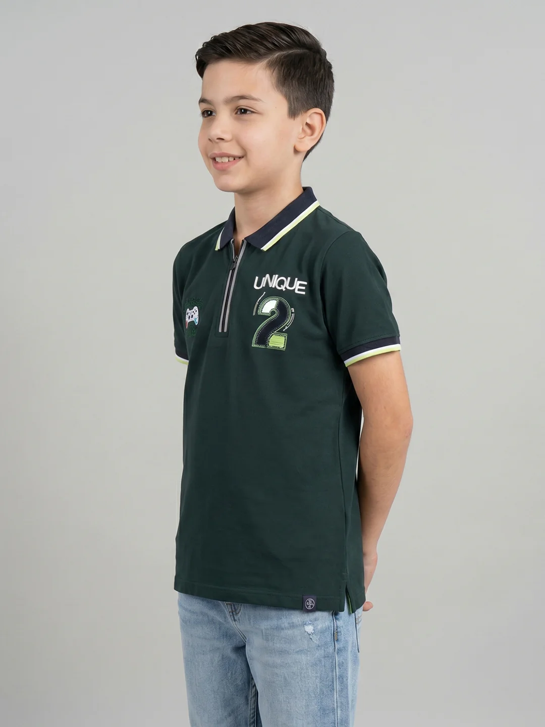 Boys Dark Green Printed Collar Half Sleeve T-Shirt - Image 3