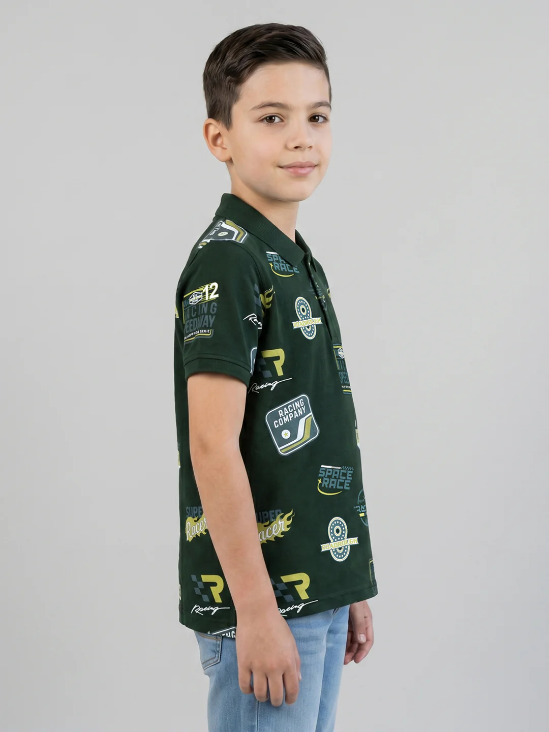 Boys Dark Green Printed Collar Half Sleeve T-Shirt - Image 2