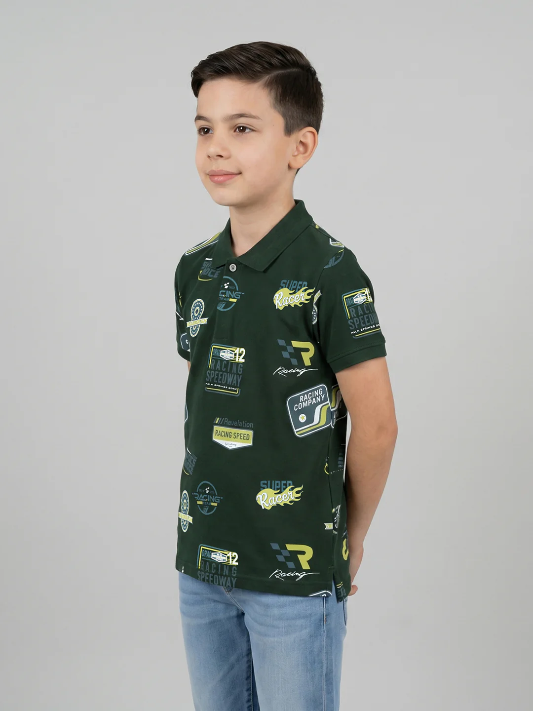Boys Dark Green Printed Collar Half Sleeve T-Shirt - Image 3