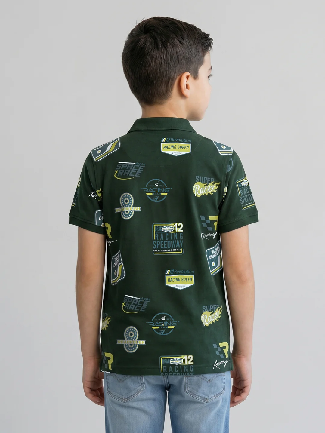 Boys Dark Green Printed Collar Half Sleeve T-Shirt - Image 4