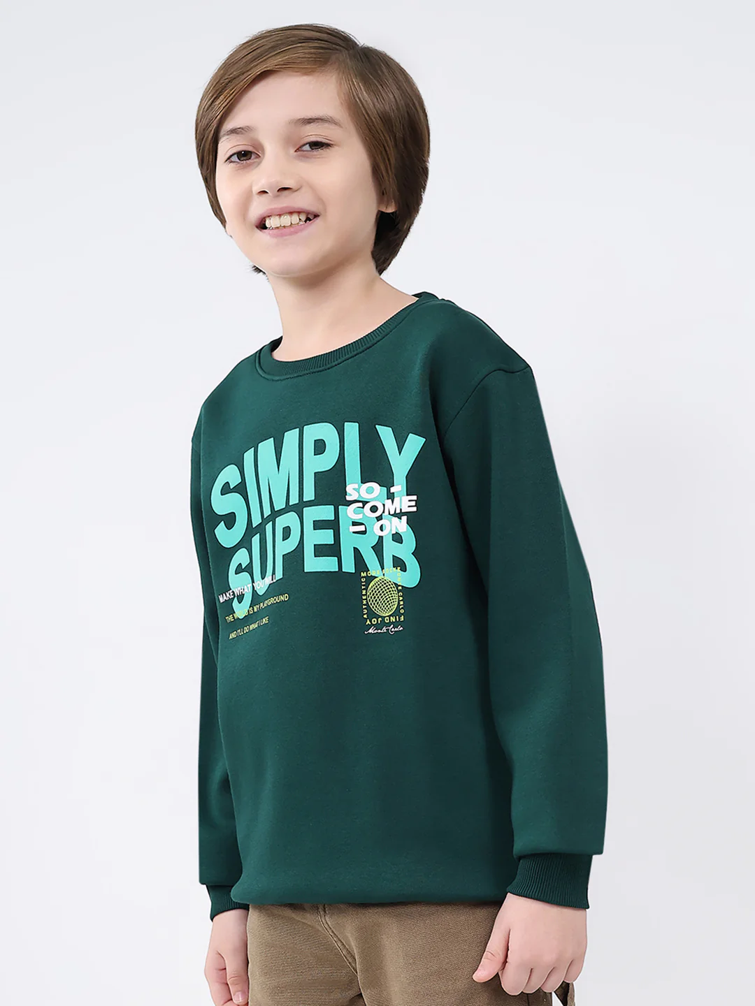 Boys Dark Green Printed Round Neck Full Sleeve Sweatshirt - Image 3