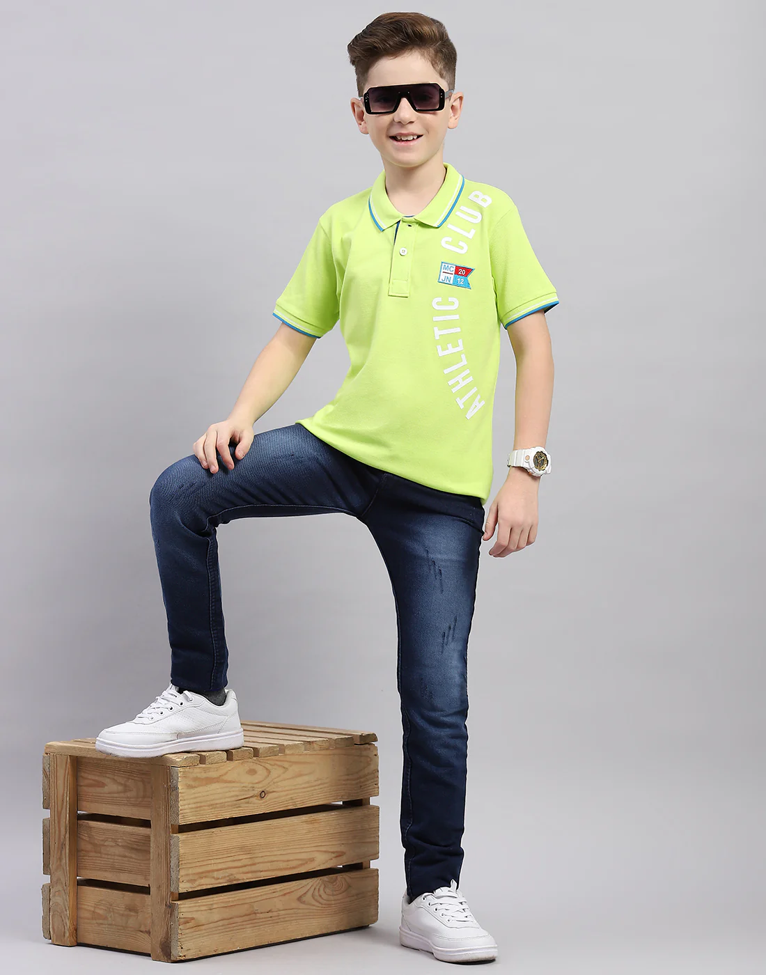 Boys Fluorescent Green Printed Polo Collar Half Sleeve T-Shirt - Image 2