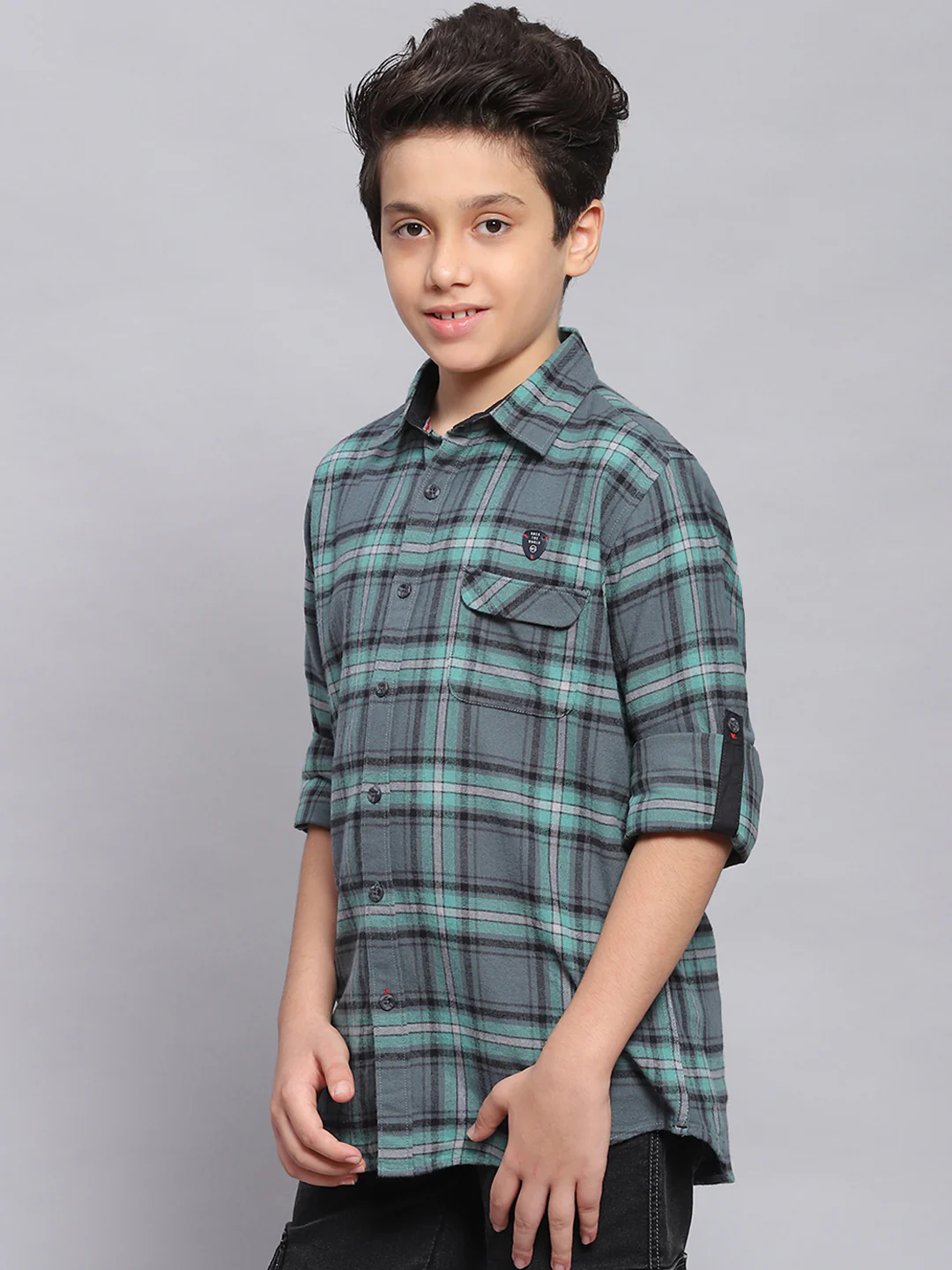 Boys Green Check Spread Collar Full Sleeve Shirts - Image 3