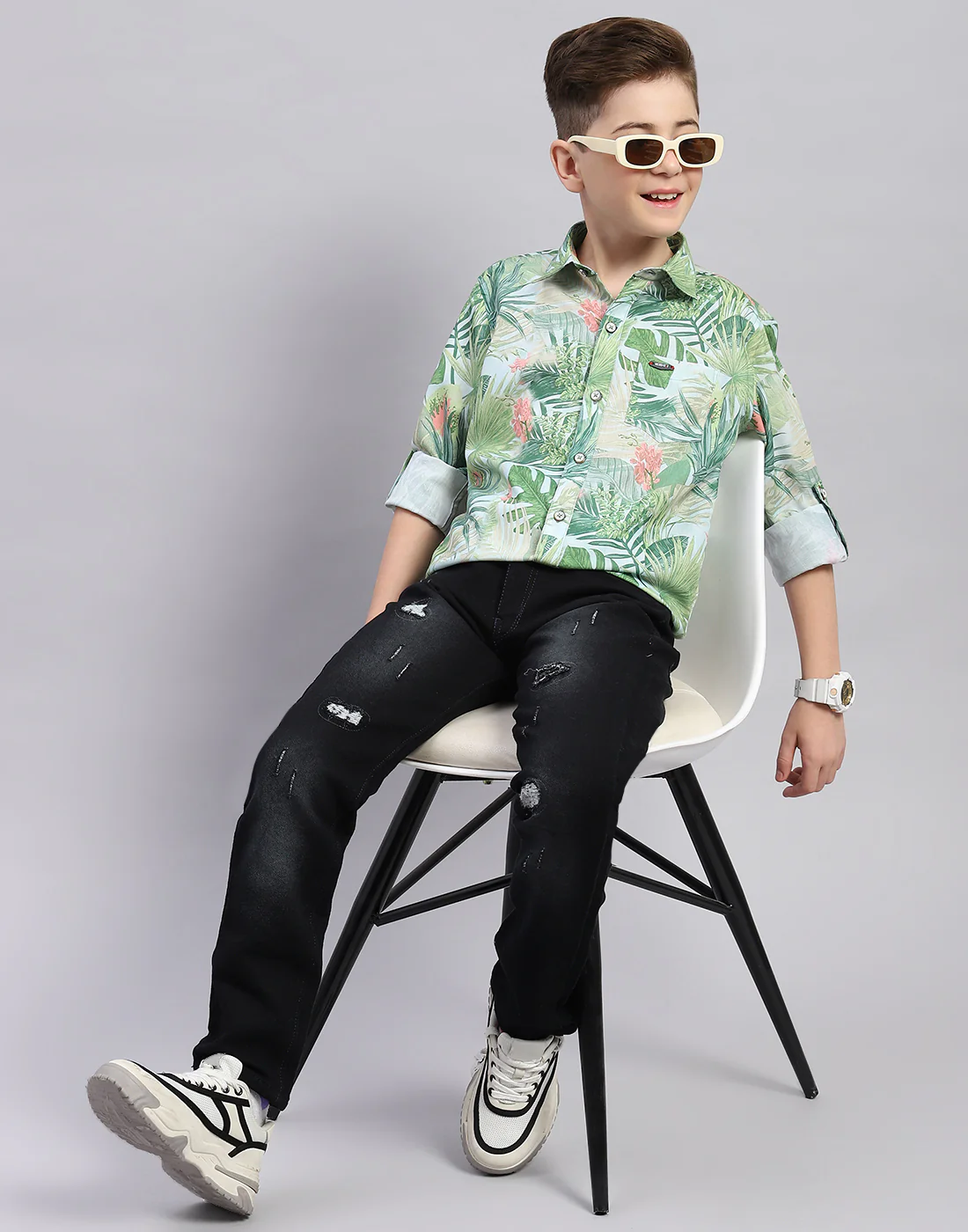 Boys Green Printed Collar Full Sleeve Shirt - Image 2